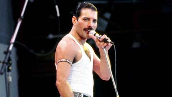 Freddie Mercury, lead singer with the rock group Queen, during the Live Aid concert.