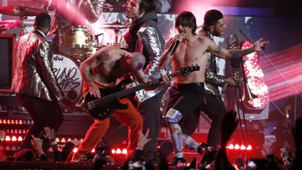 The Red Hot Chili Peppers perform during the halftime show of the NFL Super Bowl XLVIII football game between the Seattle Seahawks and the Denver Broncos Sunday, Feb. 2, 2014, in East Rutherford, N.J. (AP Photo/Kathy Willens)