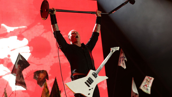 James Hetfield of Metallica performing on the Pyramid Stage at the Glastonbury Festival, at Worthy Farm in Somerset.