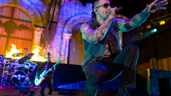 This July 5, 2014 photo shows M. Shadows of Avenged Sevenfold performing at the Rockstar Energy Drink Mayhem Festival at San Manuel Amphitheater in San Bernardino, Calif. (Photo by Paul A. Hebert/Invision/AP)