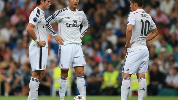 Real Madrid's l-r  Gareth Bale, Cristiano Ronaldo and James Rodriguez