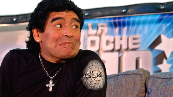 Former Argentine soccer star Diego Maradona gestures during the press conference held after the premiere of his TV show called