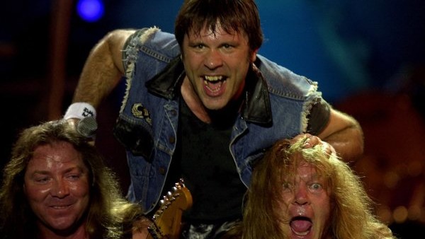 David Murray, left, Bruce Dickinson, center and Adrian Smith of Iron Maiden perform at the Rock in Rio festival in Rio de Janeiro, Brazil Friday Jan. 19, 2001. (AP Photo/Dario Lopez-Mills)