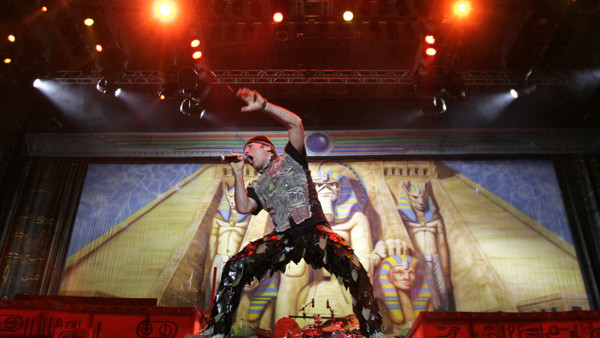 Lead singer Bruce Dickinson of the heavy metal rock band Iron Maiden performs during their