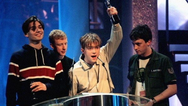 Blur win a Brit Award for Top British Artists of the year 1995. (l-r) Alex James, Dave Rowntree, Damon Albarn and Graham Coxon.