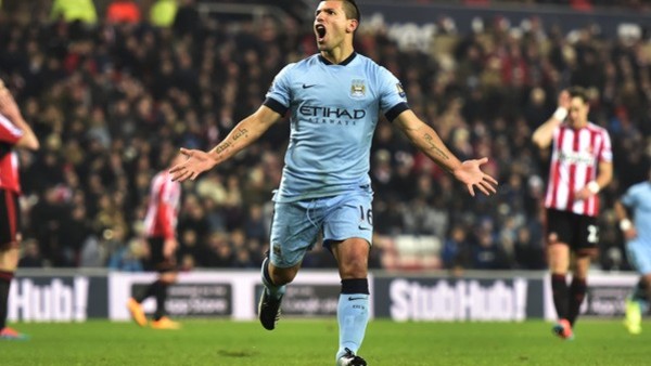 Manchester City's Sergio Aguero celebrates his goal during the Barclays Premier League match at the Stadium of Light, Sunderland.