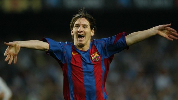 FC Barcelona's Leo Messi, from Argentina, celebrates after scoring against Albacete during their Spanish League soccer match in Barcelona, Spain, Sunday, May 1, 2005. Barcelona won 2-0. (AP Photo/Bernat Armangue)