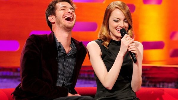 Andrew Garfield and Emma Stone during the filming of the Graham Norton Show at the London Studios, south London, to be aired on BBC One on Friday evening.