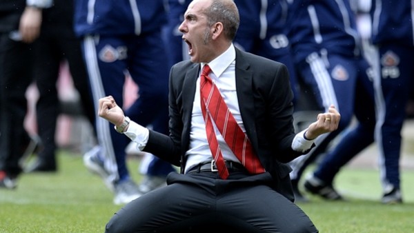 *Alternate Crop* Sunderland manager Paolo Di Canio slides on his knees as he celebrates his side's second goal of the game