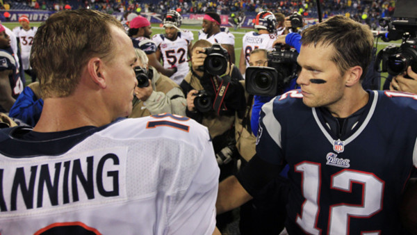 ADVANCE FOR WEEKEND EDITIONS, NOV. 23-24 - FILE - In this Oct. 7, 2012 file photo, Denver Broncos quarterback Peyton Manning, left, and New England Patriots quarterback Tom Brady meet after the Patriots' 31-21 win in their NFL football game in Foxboro