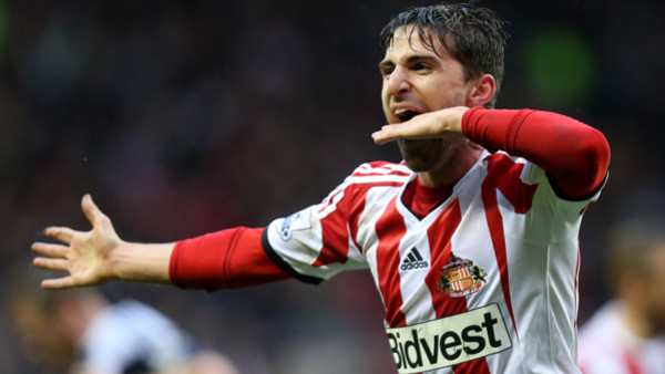 Sunderland's Fabio Borini celebrates his goal during their English Premier League soccer match against West Bromwich Albion at the Stadium of Light, Sunderland, England, Wednesday, May 7, 2014. (AP Photo/Scott Heppell)