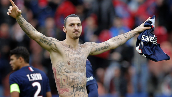 Paris St Germain's Zlatan Ibrahimovic celebrates his goal during the French league one soccer match between PSG and Caen, in Paris, France, Saturday, Feb. 14, 2015. (AP Photo/Christophe Ena)