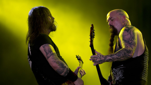 Kerry King, right, and Gary Holt of the American trash metal band Slayer performs during the Rock in Rio music festival in Rio de Janeiro, Brazil, Sunday, Sept. 22, 2013. More than 80 thousand people a day were expected to attend the week-long festival wh