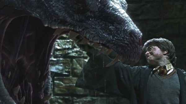 Harry Potter battles the Basilisk in the Chamber of Secrets