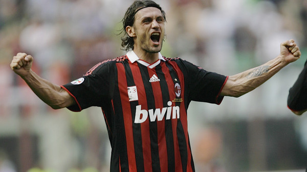 AC Milan defender Paolo Maldini salutes his fans at the end of the Italian Serie A soccer match between AC Milan and AS Roma at the San Siro stadium in Milan, Italy, Sunday, May 24, 2009. AC Milan captain 40 year-old Paolo Maldini played his last match at