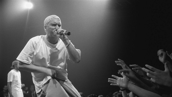 US rapper Eminem performing on stage during the MTV Europe Music Awards 2002, at the Palazzo Sant Jordi, Barcelona, Spain.